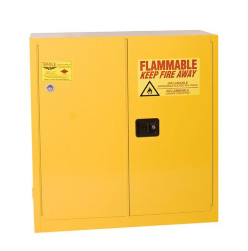 Eagle Fire Safety Cabinet, 30 Gallon, 1 Shelf, 2 Door, Manual Close, Metal, Yellow, 43 x 18 x 44 in., Justrite1932X