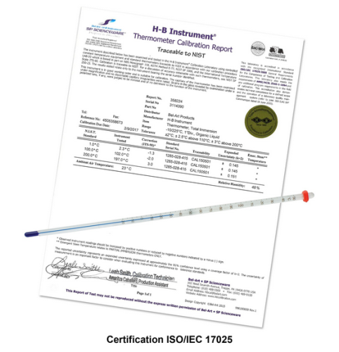 H-B DURAC Plus Laboratory Thermometer, Liquid -in-Glass, Calibrated at 10 Points, -1 to 201 degrees C, Total Immersion, Organic Liquid Fill, SP Bel-Art, B60205-1600