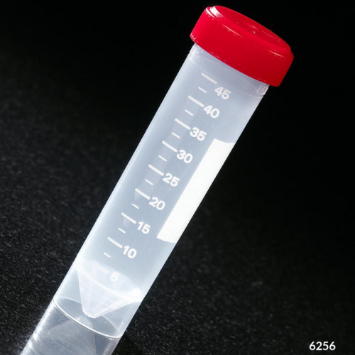 Centrifuge/Transport Tube, 50 mL, with Attached Red Screw Cap, Polypropylene, Printed Graduations, Conical Bottom, Self-Standing, STERILE, 25/Bags, 20 Bags/Case, Globe Scientific, 6256