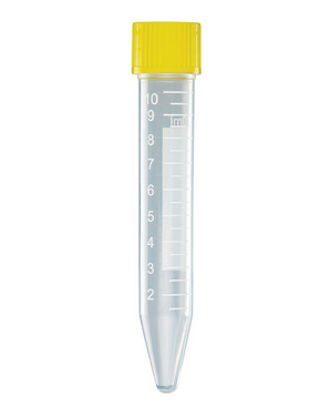 Centrifuge Tube, 10 mL, with Attached Yellow Screw Cap, Polypropylene, Printed Graduations, STERILE, 1000/CS (100/Bag, 10 Bags/Case), Globe Scientific, 6293