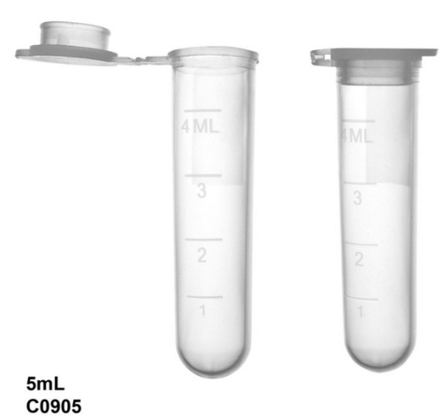 Centrifuge Tubes, 5 mL, Round Bottom with Attached Snap Cap, Polypropylene with Molded Graduations and Frosted Marking Area, Sterile, 1000/CS (10 Bags of 100), MTC Bio, C0905