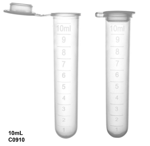 Centrifuge Tubes, 10 mL, Round Bottom with Attached Snap Cap, Polypropylene with Molded Graduations, Sterile, 1000/CS (10 Bags of 100), MTC Bio, C0910