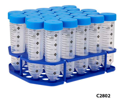 Centrifuge Tubes, ProSeries, 50 mL, Sterile, Hi-Viz Graduations, Polypropylene with High-Density Polyethylene Screw Caps, Eco-Plastic Racks of 25 in Resealable Bags, 500/CS, MTC Bio, C2802