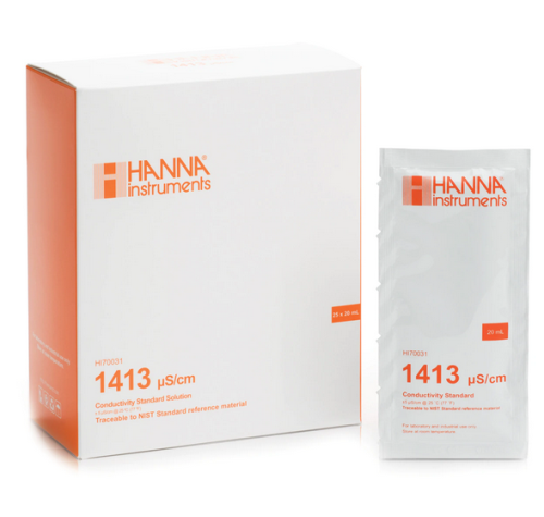 Conductivity Solution, 1413 microS/cm, 25 x 20 mL Sachets, Hanna Instruments, HI70031P