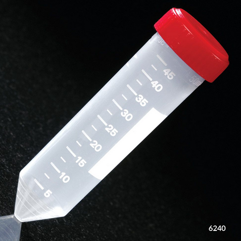 Centrifuge Tube, 50 mL, with Attached Red Screw Cap, Polypropylene, Printed Graduations, Non-Sterile, 500/CS (20 Bags of 25), Globe Scientific, 6240