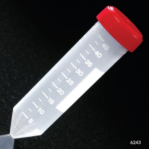 Centrifuge Tube, 50 mL, with Attached Red Screw Cap, Polypropylene, Printed Graduations, STERILE, 500/CS (20 Racks of 25), Globe Scientific, 6243