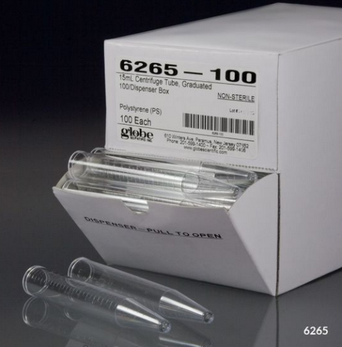 Centrifuge Tube, 15 mL, Polystyrene, Molded Graduations, Non-Sterile, 1000/CS (10 Dispenser Boxes of 100), Globe Scientific, 6265