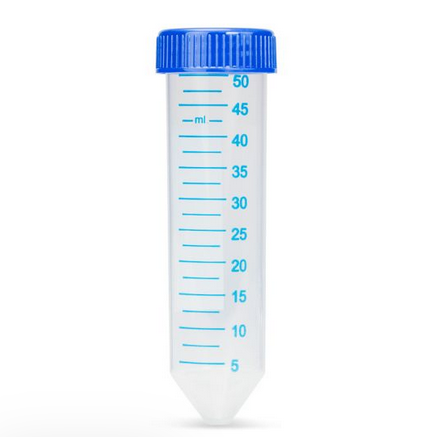 Centrifuge tube, 50 mL, Certified Blue Screwcap, STERILE, Printed Graduations, 500/CS (20 Resealable Bags of 25), Globe Scientific, V-6297T