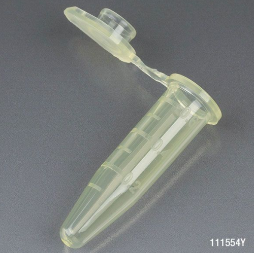 Microcentrifuge Tube, 0.5 mL, Polypropylene, Attached Snap Cap, Graduated, Yellow, Certified, Stand Up Zipper Closure Bag, Non-Sterile, 10000/CS, Globe Scientific, 111554Y