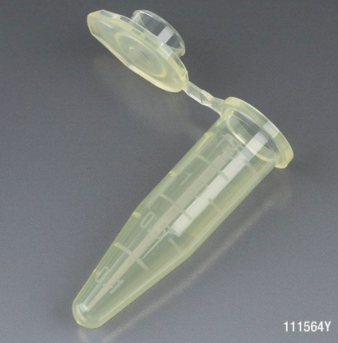 Microcentrifuge Tube, 1.5 mL, Polypropylene, Attached Snap Cap, Graduated, Yellow, Certified, Stand Up Zipper Closure Bag, Non-Sterile, 10000/CS, Globe Scientific, 111564Y