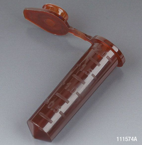 Microcentrifuge Tube, 2.0 mL, Polypropylene, Attached Snap Cap, Graduated, Amber, Certified, Stand Up Zipper Closure Bag, Non-Sterile, 5000/CS, Globe Scientific, 111574A