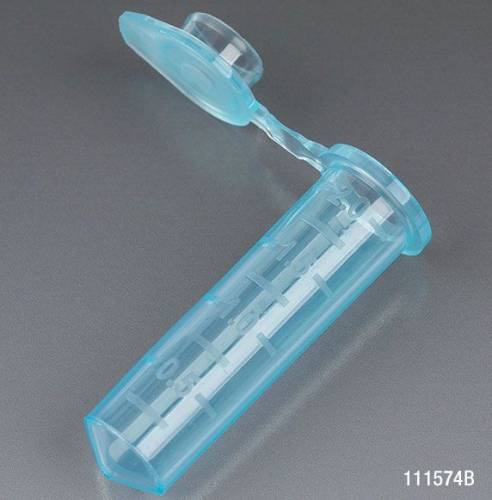 Microcentrifuge Tube, 2.0 mL, Polypropylene, Attached Snap Cap, Graduated, Blue, Certified, Stand Up Zipper Closure Bag, Non-Sterile, 5000/CS, Globe Scientific, 111574B