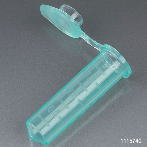 Microcentrifuge Tube, 2.0 mL, Polypropylene, Attached Snap Cap, Graduated, Green, Certified, Stand Up Zipper Closure Bag, Non-Sterile, 5000/CS, Globe Scientific, 111574G