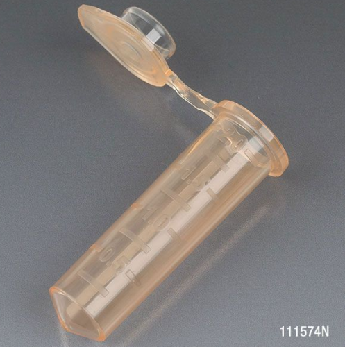 Microcentrifuge Tube, 2.0 mL, Polypropylene, Attached Snap Cap, Graduated, Orange, Certified, Stand Up Zipper Closure Bag, Non-Sterile, 5000/CS, Globe Scientific, 111574N