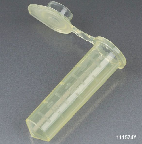 Microcentrifuge Tube, 2.0 mL, Polypropylene, Attached Snap Cap, Graduated, Yellow, Certified, Stand Up Zipper Closure Bag, Non-Sterile, 5000/CS, Globe Scientific, 111574Y