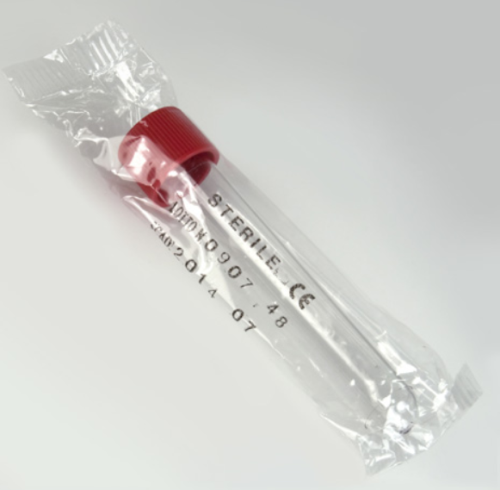 Test Tube with Attached Red Screw Cap, 16 x 100 mm, 10 mL, Polystyrene, STERILE, Individually Wrapped, 750/CS, Globe Scientific, 6152