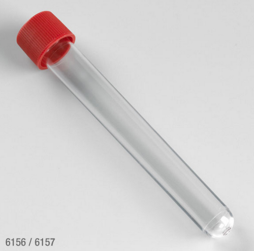 Test Tube with Attached Red Screw Cap, 16 x 120 mm, 15 mL, Polystyrene, STERILE, Individually Wrapped, 500/CS, Globe Scientific, 6157