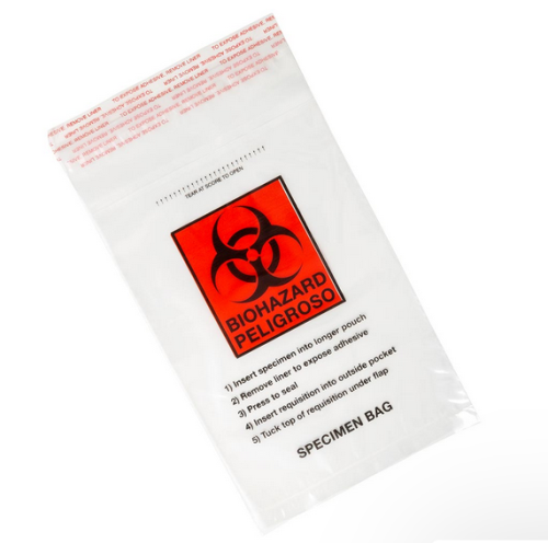 Bag, Biohazard Specimen Transport, 6 in. x 9 in., Glue Seal with Document Pouch, 1000/CS (10 Bags of 100), Globe Scientific, 4921