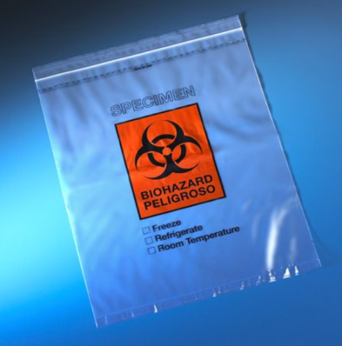 Bag, Biohazard Specimen Transport, 12 in. x 15 in., Ziplock with Score Line and Document Pouch, 500/CS (5 Bags of 100), Globe Scientific, 4929