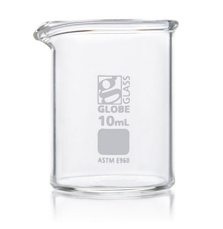 Beaker, Globe Glass, 10 mL, Low Form Griffin Style, ASTM E960, 48/CS, Globe Scientific, 8010010