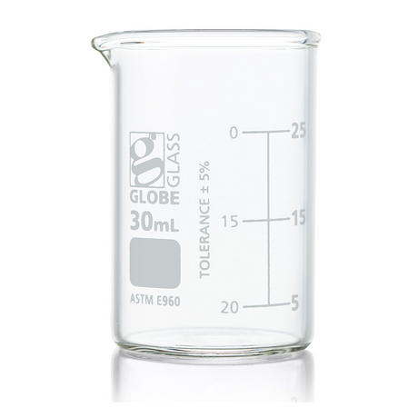 Beaker, Globe Glass, 30 mL, Low Form Griffin Style, Dual Graduations, ASTM E960, 48/CS, Globe Scientific, 8010030