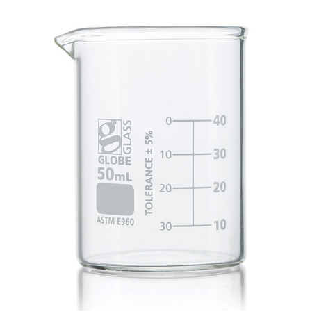 Beaker, Globe Glass, 50 mL, Low Form Griffin Style, Dual Graduations, ASTM E960, 48/CS, Globe Scientific, 8010050