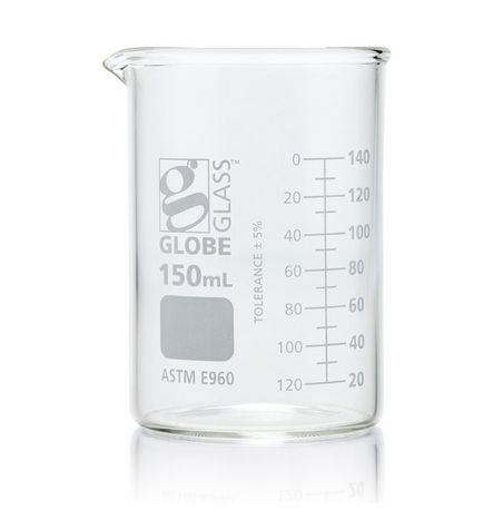 Beaker, Globe Glass, 150 mL, Low Form Griffin Style, Dual Graduations, ASTM E960, 48/CS, Globe Scientific, 8010150