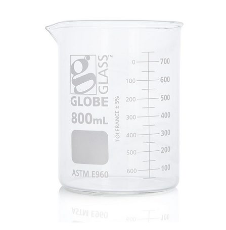 Beaker, Globe Glass, 800 mL, Low Form Griffin Style, Dual Graduations, ASTM E960, 24/CS, Globe Scientific, 8010800