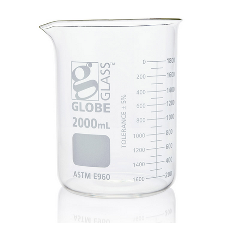 Beaker, Globe Glass, 2000 mL, Low Form Griffin Style, Dual Graduations, ASTM E960, 8/CS, Globe Scientific, 8012000