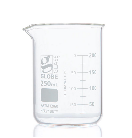 Beaker, Globe Glass, 250 mL, Low Form Griffin Style, Heavy Duty, Dual Graduations, ASTM E960, 48/CS, Globe Scientific, 8020250