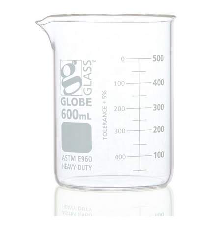 Beaker, Globe Glass, 600 mL, Low Form Griffin Style, Heavy Duty, Dual Graduations, ASTM E960, 36/CS, Globe Scientific, 8020600