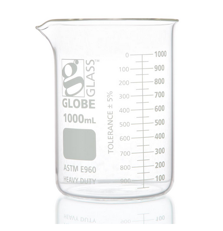 Beaker, Globe Glass, 1000 mL, Low Form Griffin Style, Heavy Duty, Dual Graduations, ASTM E960, 24/CS, Globe Scientific, 8021000