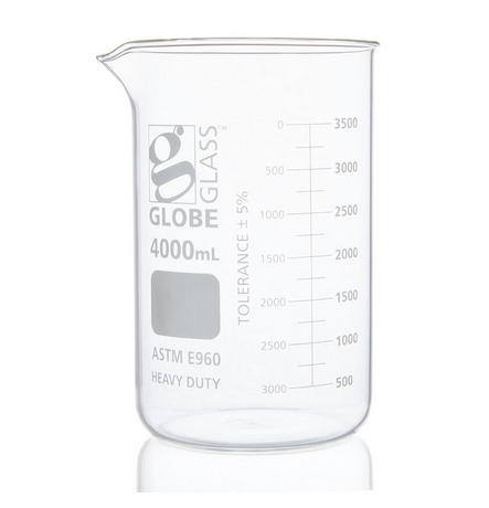 Beaker, Globe Glass, 4000 mL, Low Form Griffin Style, Heavy Duty, Dual Graduations, ASTM E960, 4/CS, Globe Scientific, 8024000