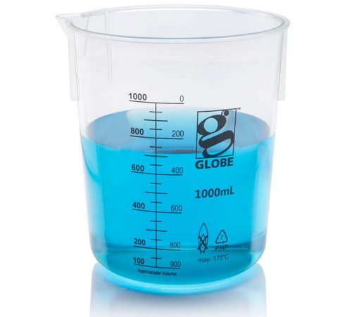 Beaker, Diamond Essentials, Griffin Style, Low Form, Printed Graduations, Polymethylpentene (PMP), 1000 mL, 12/CS, Globe Scientific, 3652-1M