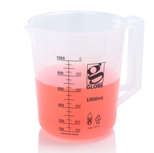 Beaker with Handle, Diamond Essentials, Low Form, Printed Graduations, Polypropylene (PP), 1000 mL, 6/CS, Globe Scientific, 3654-1M