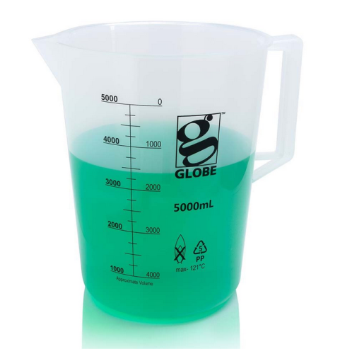 Beaker with Handle, Diamond Essentials, Low Form, Printed Graduations, Polypropylene (PP), 5000 mL, 2/CS, Globe Scientific, 3654-5M