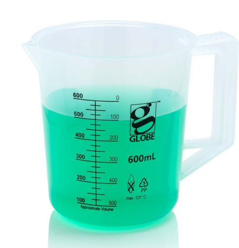Beaker with Handle, Diamond Essentials, Low Form, Printed Graduations, Polypropylene (PP), 600 mL, 12/CS, Globe Scientific, 3654-600