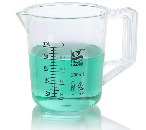 Beaker with Handle, Diamond Essentials, Low Form, Printed Graduations, Polymethylpentene (PMP), 100 mL, 12/CS, Globe Scientific, 3656-100