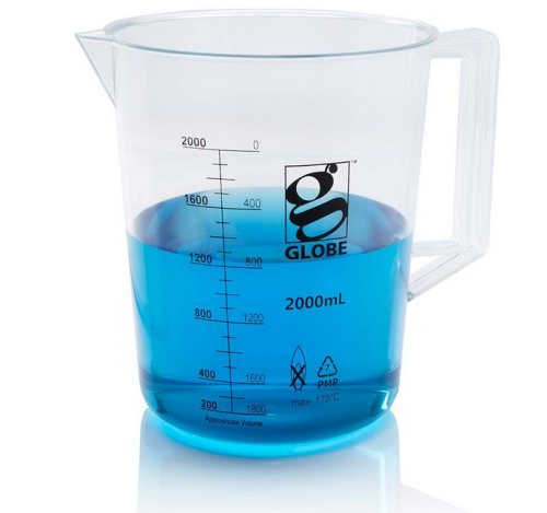 Beaker with Handle, Diamond Essentials, Low Form, Printed Graduations, Polymethylpentene (PMP), 2000 mL, 4/CS, Globe Scientific, 3656-2M