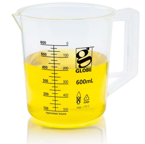 Beaker with Handle, Diamond Essentials, Low Form, Printed Graduations, Polymethylpentene (PMP), 600 mL, 12/CS, Globe Scientific, 3656-600