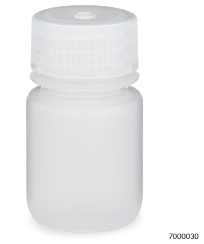 Bottle, Wide Mouth, Polypropylene (PP) Bottle, Attached Polypropylene (PP) Screw Cap, 30 mL, 72/CS (6 Bags of 12), Globe Scientific, 7000030