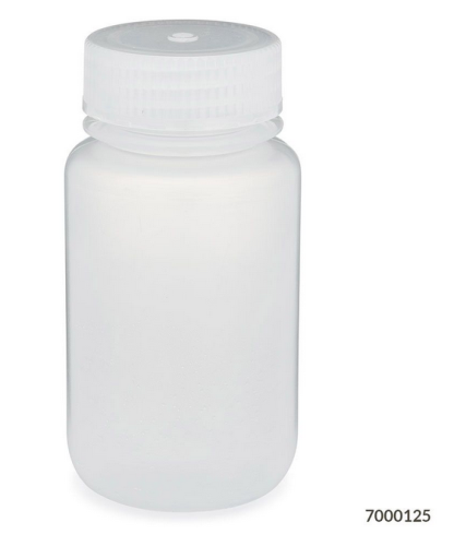 Bottle, Wide Mouth, Polypropylene (PP) Bottle, Attached Polypropylene (PP) Screw Cap, 125 mL, 72/CS (6 Bags of 12), Globe Scientific, 7000125