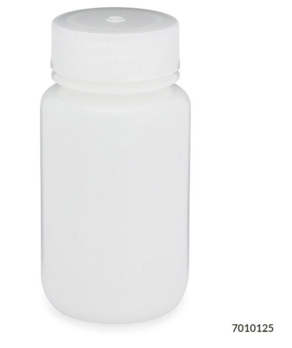 Bottle, Wide Mouth, High-Density Polyethylene (HDPE) Bottle, Attached Polypropylene (PP) Screw Cap, 125 mL, 72/CS (6 Bags of 12), Globe Scientific, 7010125