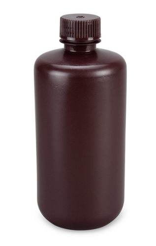 Bottle, Narrow Mouth, Boston Round, Amber High-Density Polyethylene (HDPE) with Amber Polypropylene (PP) Closure, 500 mL, Bulk Packed with Bottles and Caps Bagged Separately, 125/CS, Globe Scientific, 7560500AMBKS