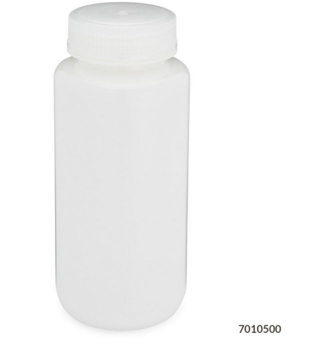 Bottle, Wide Mouth, High-Density Polyethylene (HDPE) Bottle, Attached Polypropylene (PP) Screw Cap, 500 mL, 48/CS (4 Bags of 12), Globe Scientific, 7010500