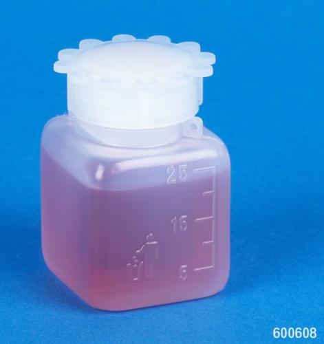 Bottle with Screwcap, Wide Mouth, Square, Graduated, Polyethylene, Cap: Polypropylene (PP), 25 mL, 100/CS, Globe Scientific, 600608