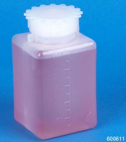 Bottle with Screwcap, Wide Mouth, Square, Graduated, Polyethylene, Cap: Polypropylene (PP), 250 mL, 50/CS, Globe Scientific, 600611