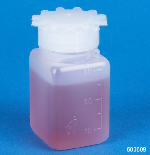 Bottle with Screwcap, Wide Mouth, Square, Graduated, PE, Cap: Polypropylene (PP), 50 mL, 10/PK, Globe Scientific, 600609-10