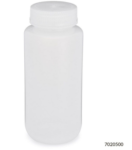 Bottle, Wide Mouth, Low-Density Polyethylene (LDPE) Bottle, Attached Polypropylene (PP) Screw Cap, 500 mL, 48/CS (4 Bags of 12), Globe Scientific, 7020500