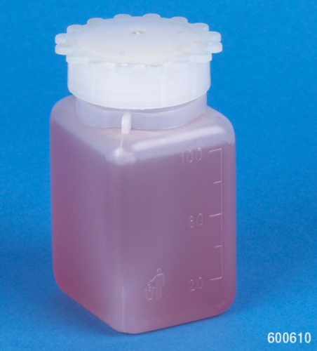 Bottle with Screwcap, Wide Mouth, Square, Graduated, PE, Cap: Polypropylene (PP), 100 mL, 600/CS (6 Bags of 100), Globe Scientific, 600610B